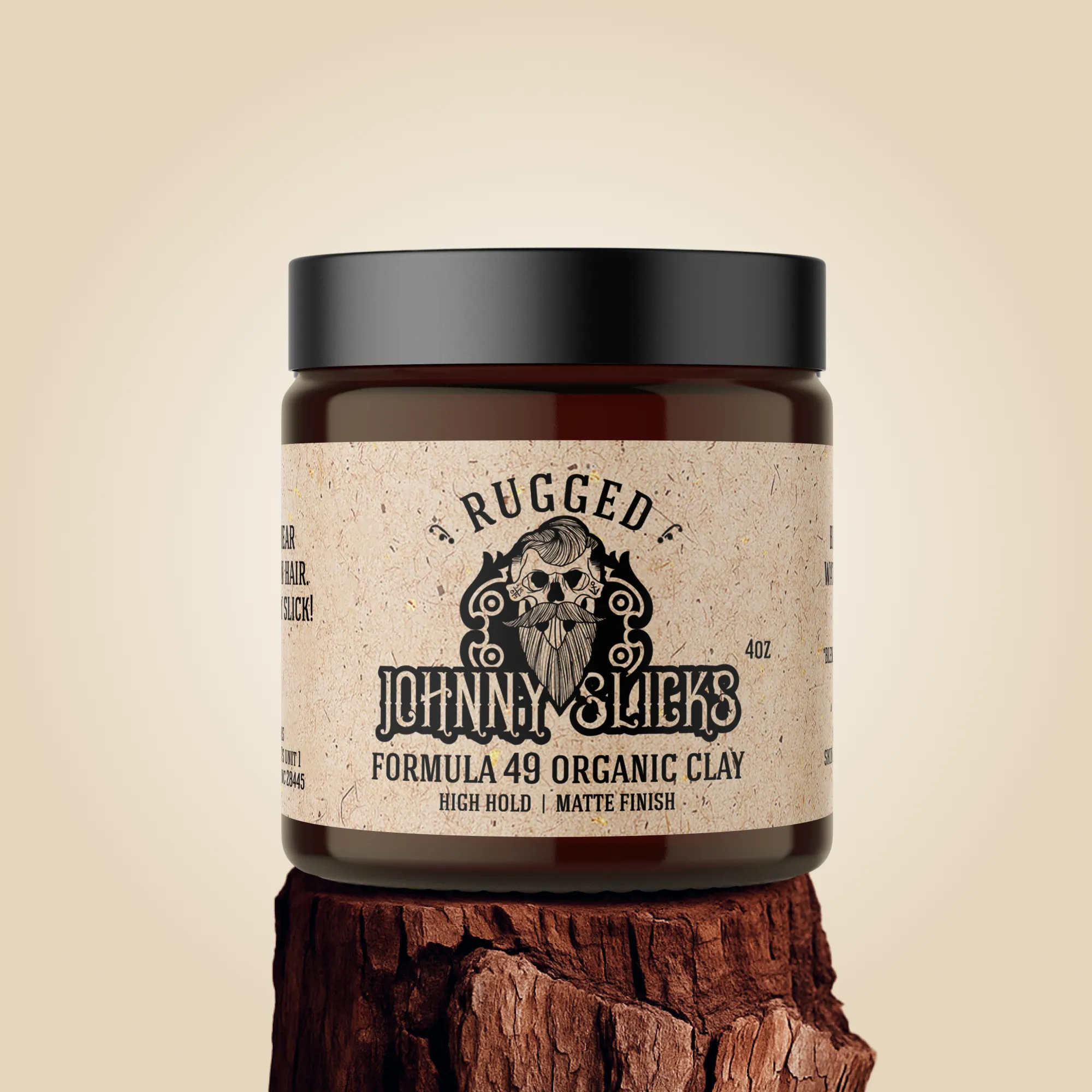 Formula 49 organic clay pomade jar on a clean surface, matte label, neutral background