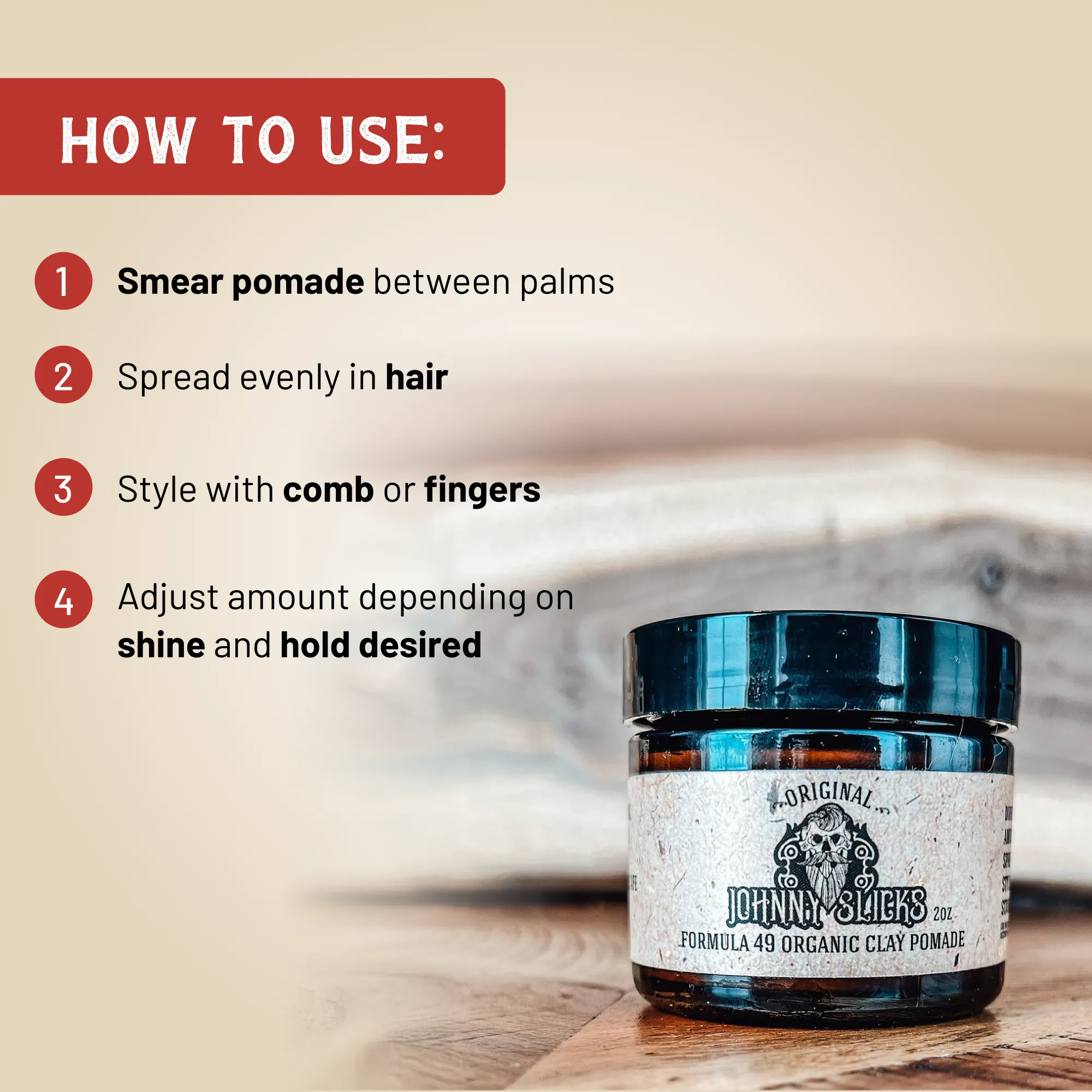 Formula 49 organic clay pomade jar on a clean surface, matte label, neutral background