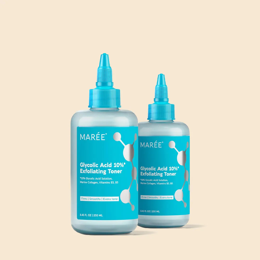 Marée Glycolic Acid Glow Boost Face Toner bottle on a clean white surface, skincare flatlay