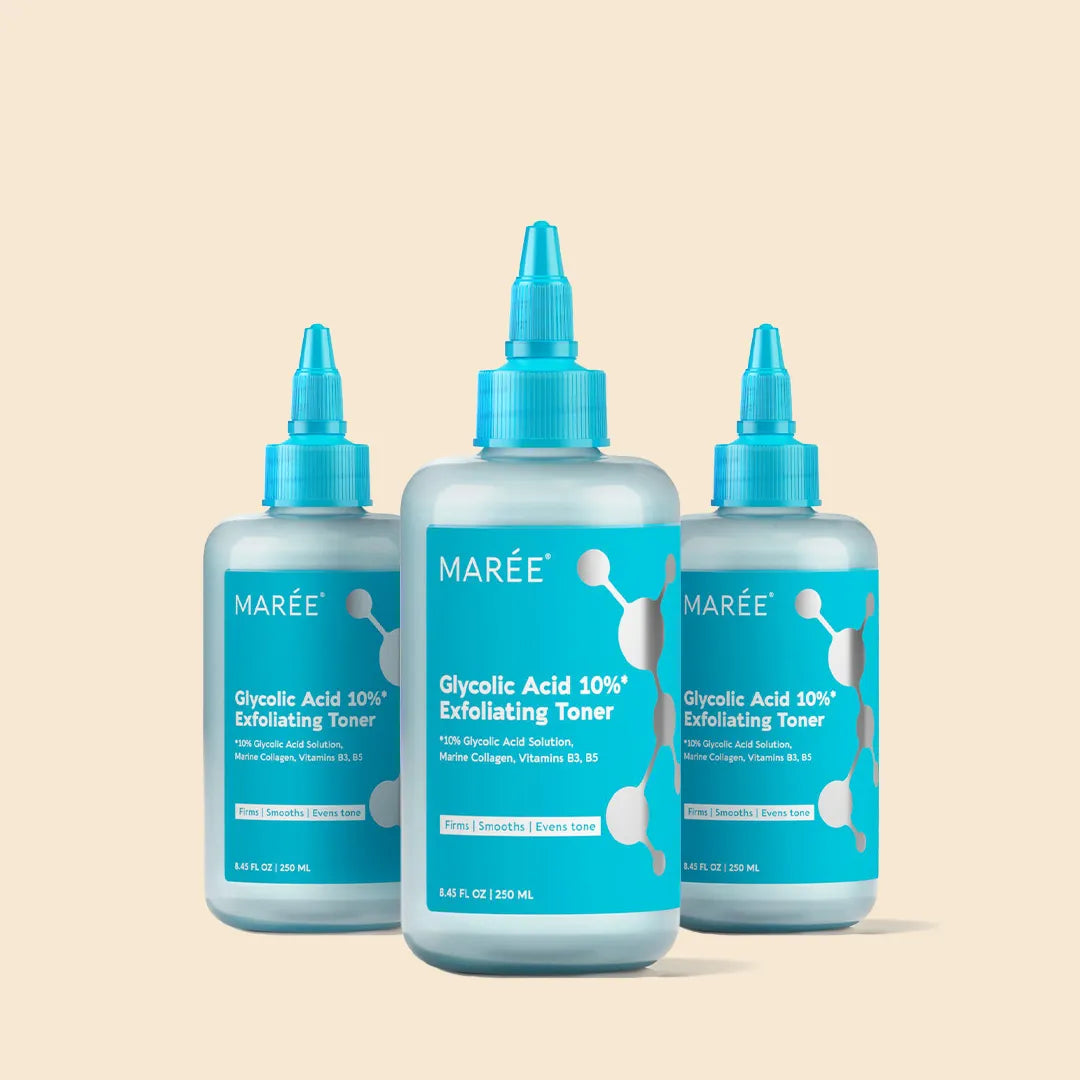 Marée Glycolic Acid Glow Boost Face Toner bottle on a clean white surface, skincare flatlay