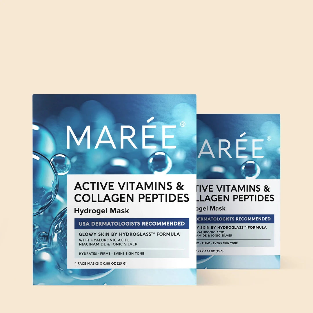 Hydrogel collagen face mask sheet shown flat with niacinamide and hyaluronic acid formula detail