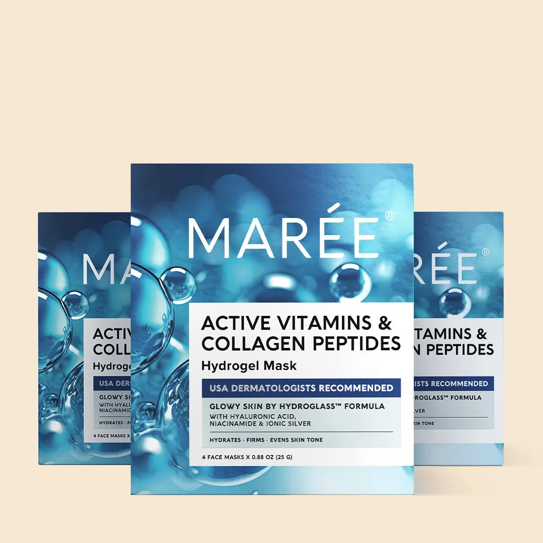 Hydrogel collagen face mask sheet shown flat with niacinamide and hyaluronic acid formula detail