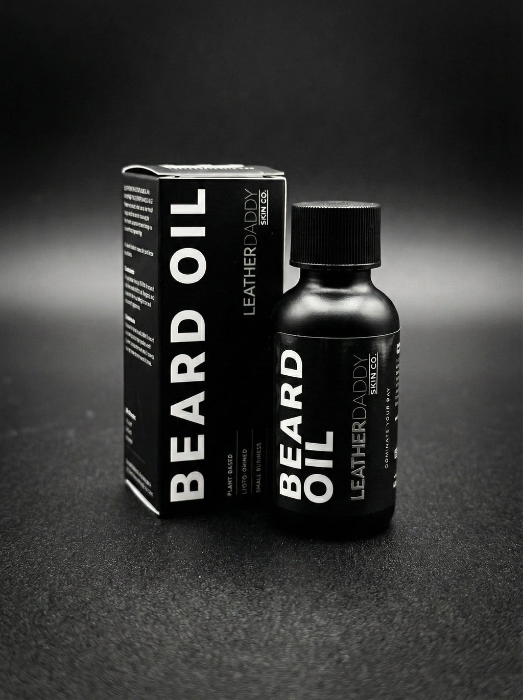 LeatherDaddy Skin Co. 1 oz beard oil bottle with amber dropper, plant-based softening formula for men
