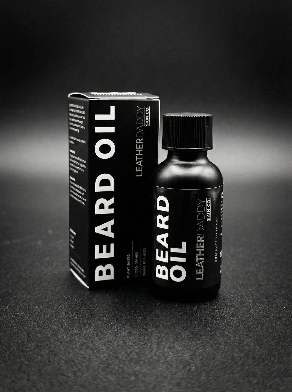 LeatherDaddy Skin Co. 1 oz beard oil bottle with amber dropper, plant-based softening formula for men