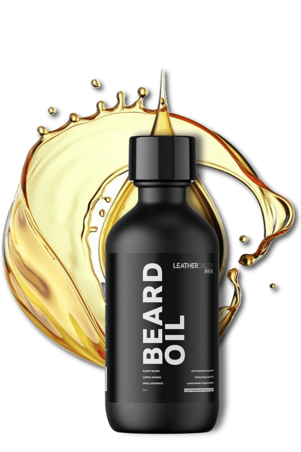 LeatherDaddy Skin Co. 1 oz beard oil bottle with amber dropper, plant-based softening formula for men