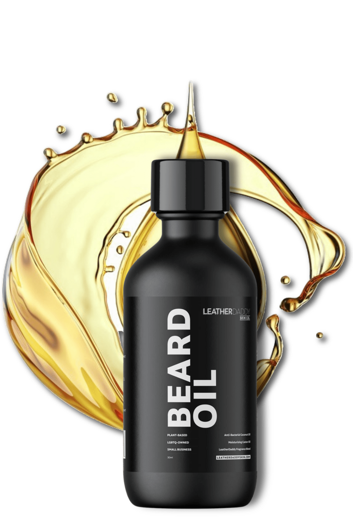 LeatherDaddy Skin Co. 1 oz beard oil bottle with amber dropper, plant-based softening formula for men