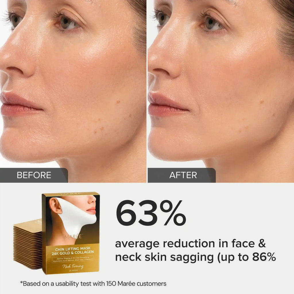 24K gold v-line hydrogel lifting mask displayed flat, showing contoured chin and neck coverage shape