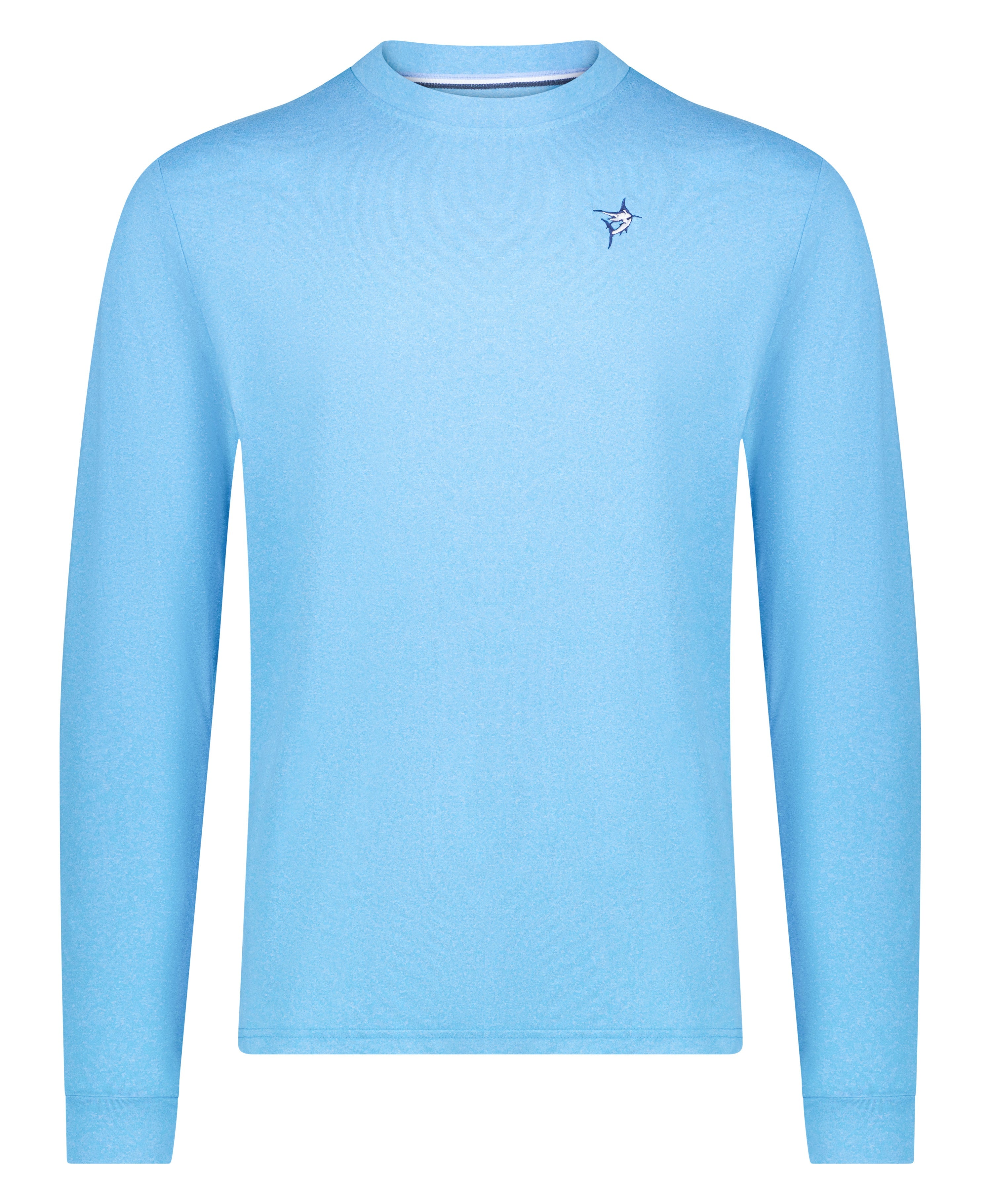Men's black UV50 performance long sleeve tee with embroidered chest logo, brushed stretch fabric