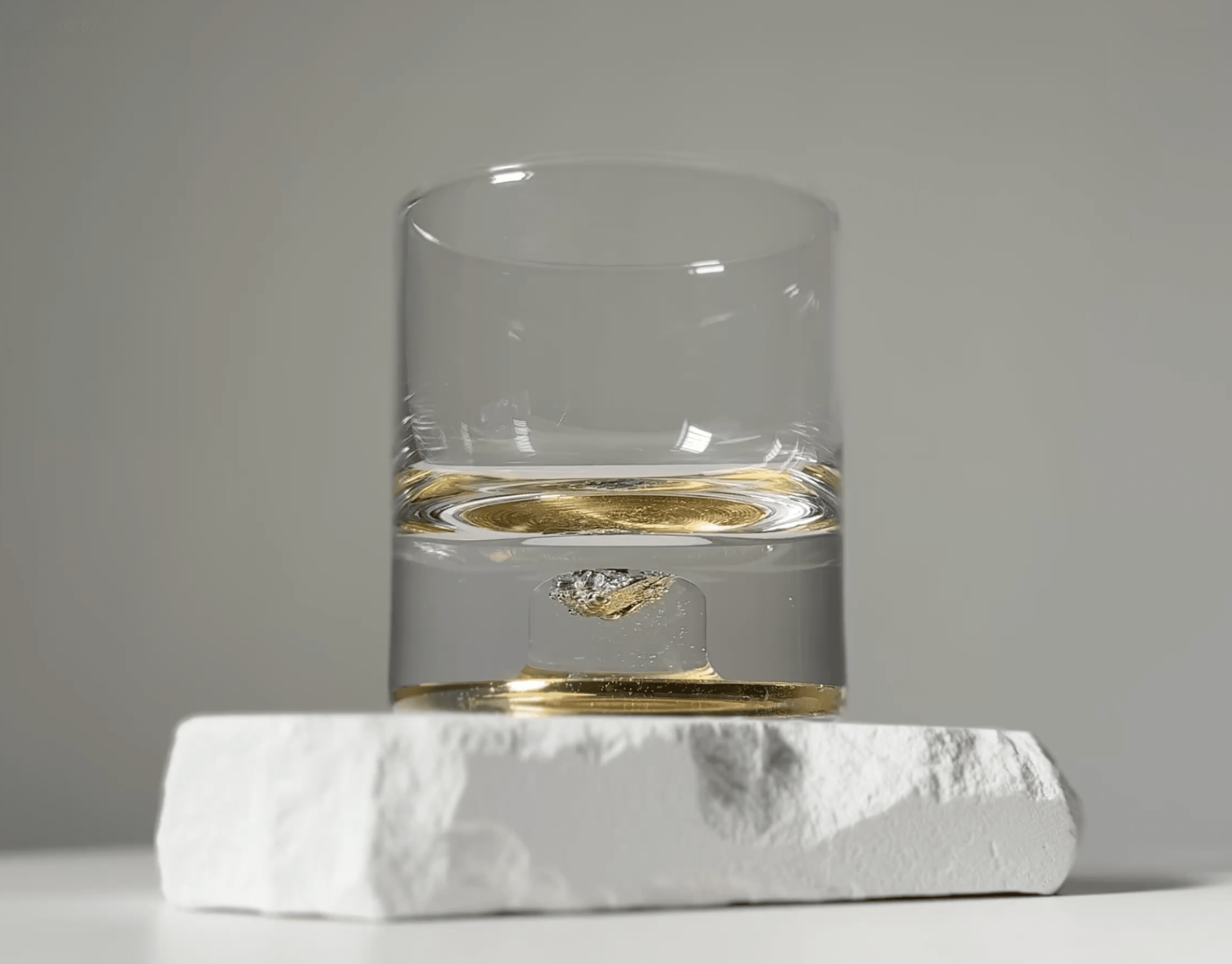 Set of two glass tumblers with genuine meteorite fragments suspended in high-clarity bases, shown in Antique Tin and Amber Gold finishes