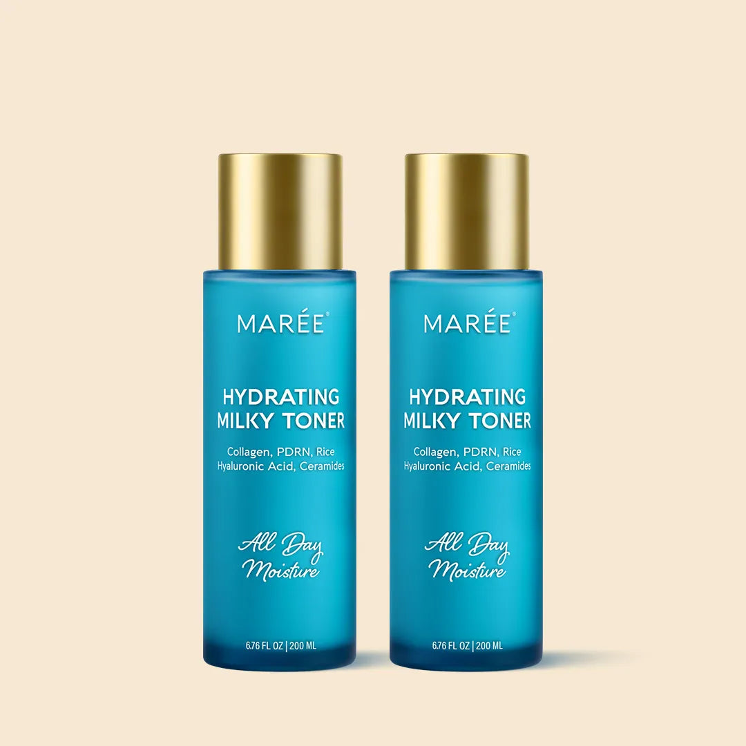 Marée Milky Rice Hydrating Toner bottle with milky white liquid texture on a clean skincare flat lay