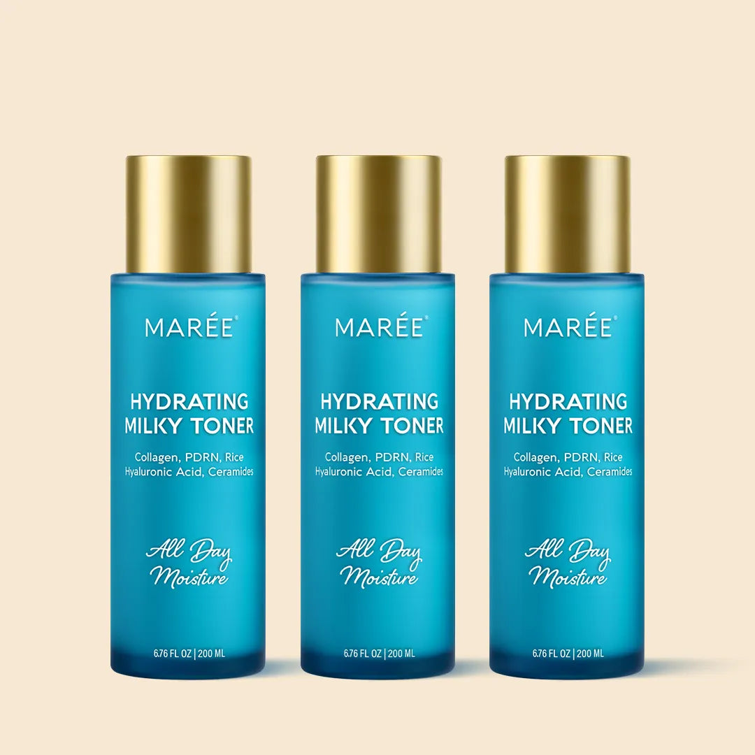 Marée Milky Rice Hydrating Toner bottle with milky white liquid texture on a clean skincare flat lay
