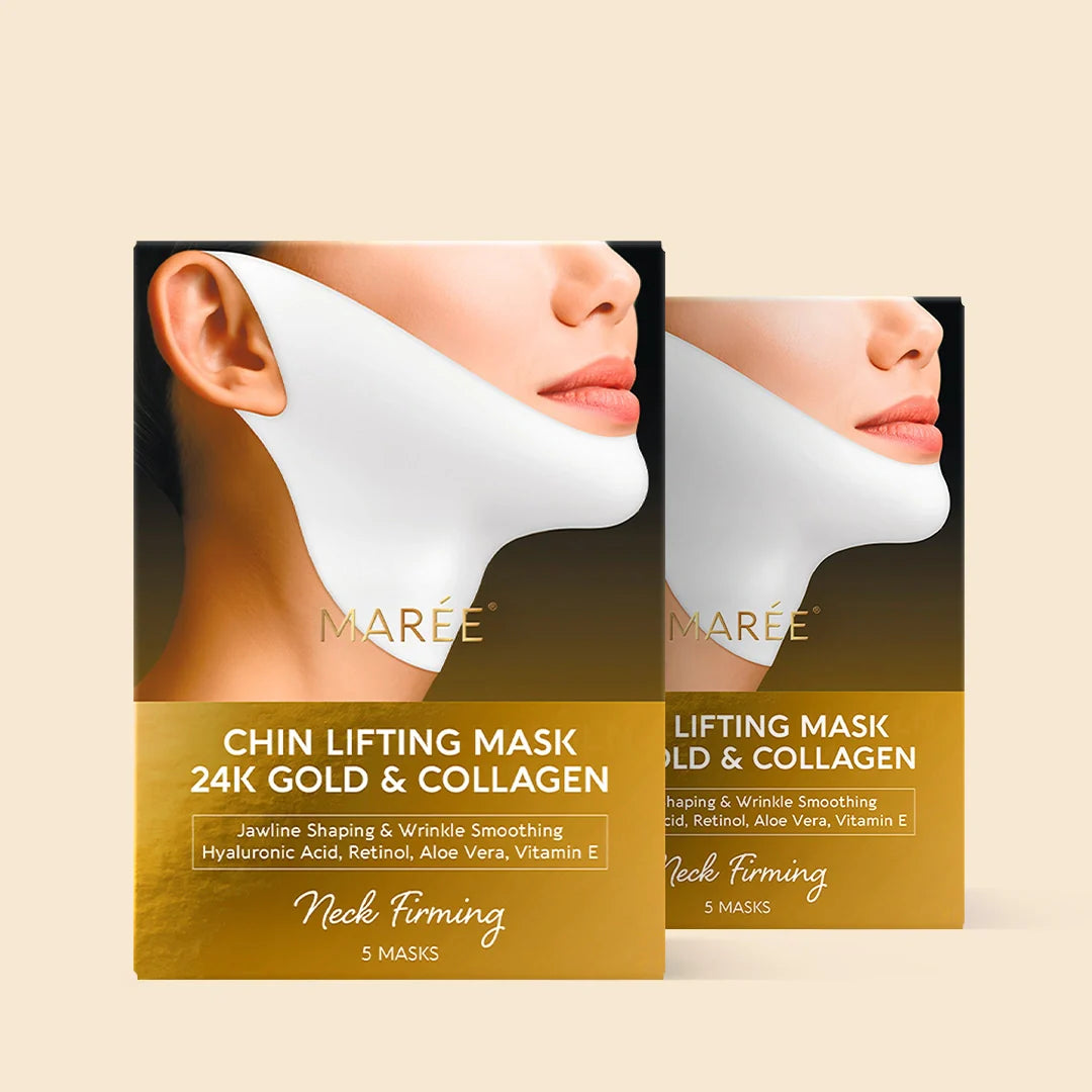 24K gold v-line hydrogel lifting mask displayed flat, showing contoured chin and neck coverage shape