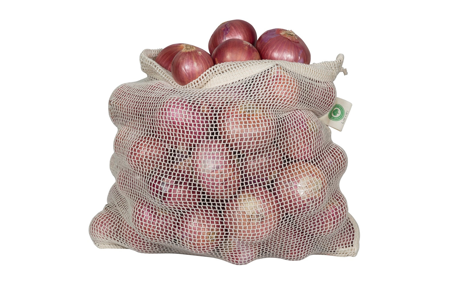 Set of reusable organic cotton mesh produce bags in multiple sizes filled with fresh vegetables