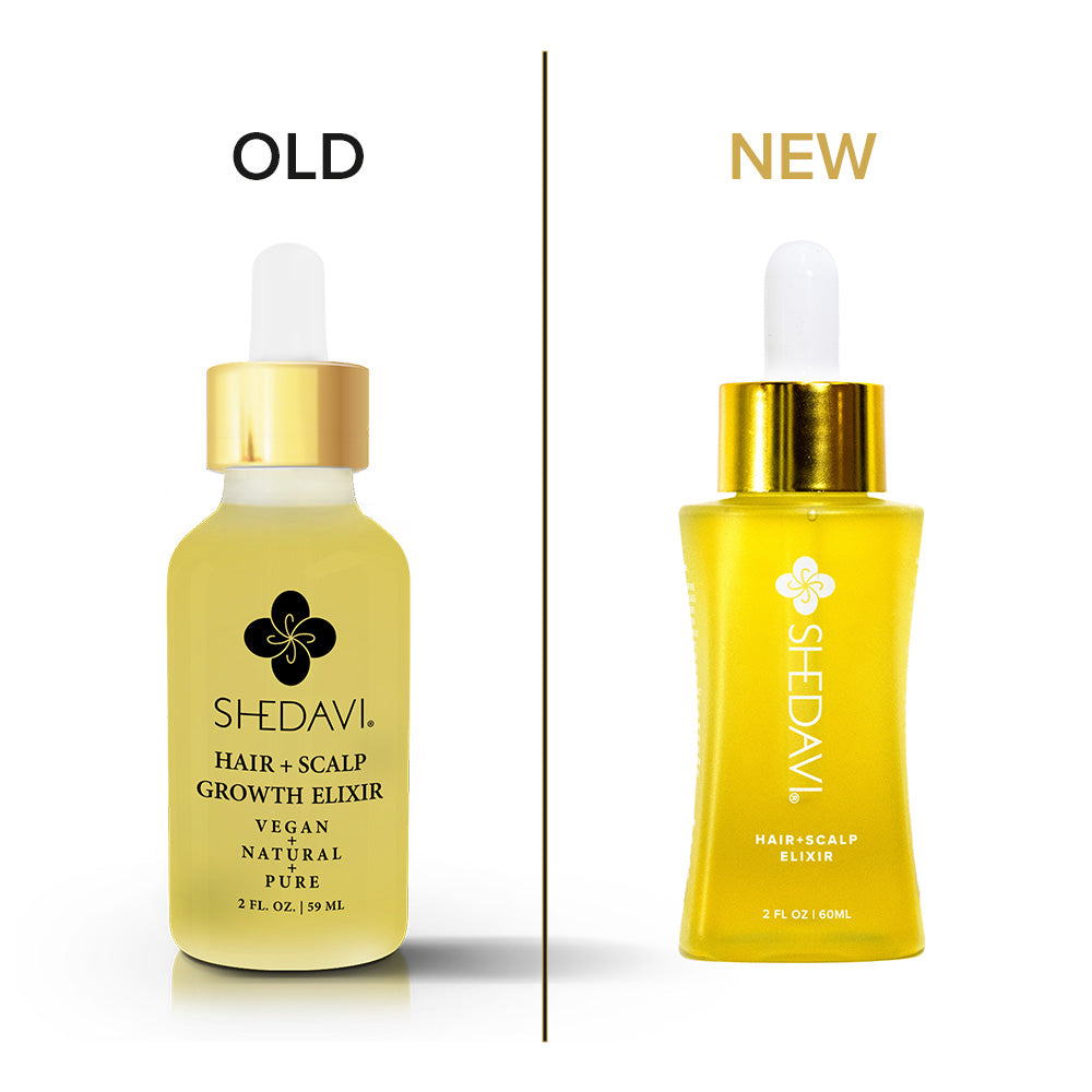 Shedavi Iconic Hair and Scalp Growth Elixir Oil bottle with natural oil ingredients including baobab, peppermint, and coconut