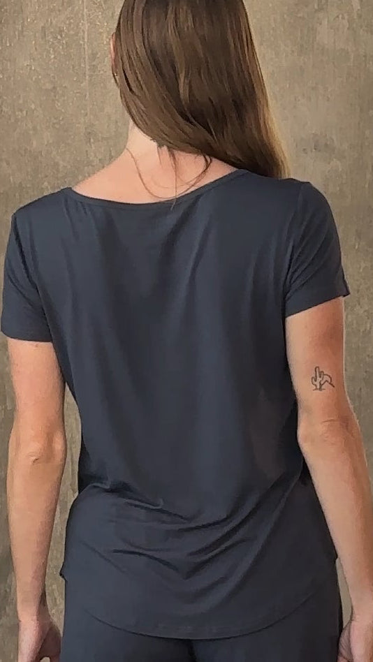Women's bamboo lounge set featuring a relaxed crew-neck tee and matching mid-thigh shorts in a soft neutral colorway