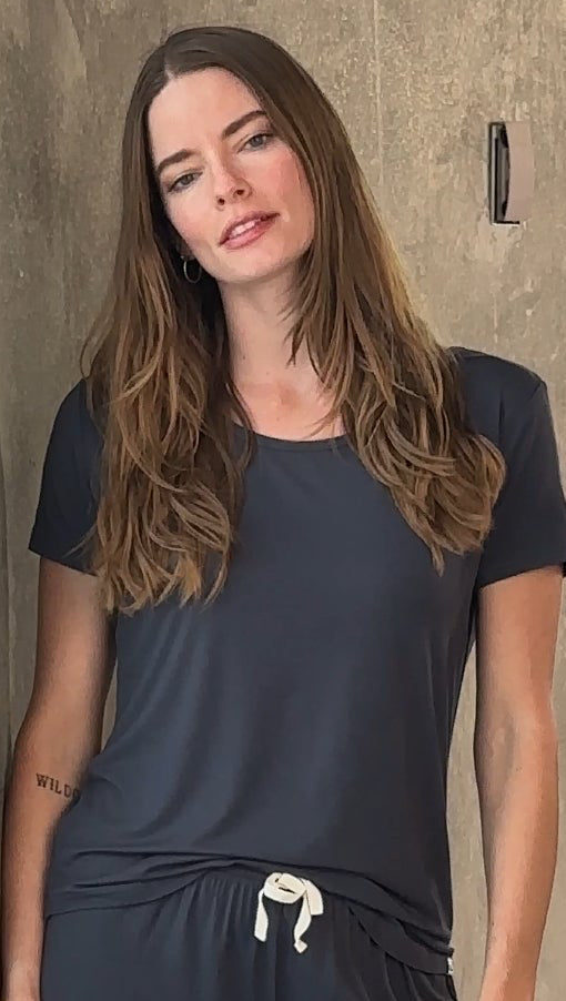 Women's bamboo lounge set featuring a relaxed crew-neck tee and matching mid-thigh shorts in a soft neutral colorway