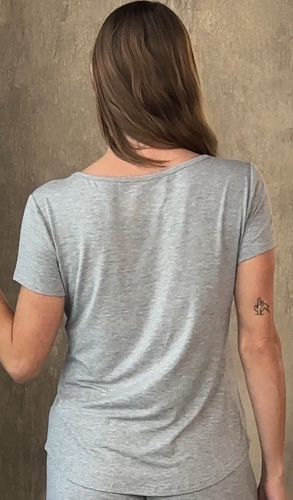 Women's bamboo lounge set featuring a relaxed crew-neck tee and matching mid-thigh shorts in a soft neutral colorway