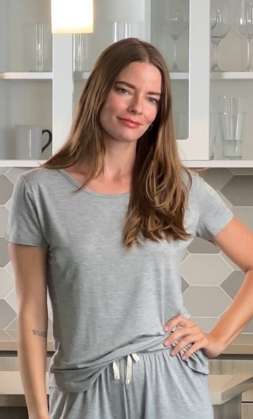 Women's bamboo lounge set featuring a relaxed crew-neck tee and matching mid-thigh shorts in a soft neutral colorway