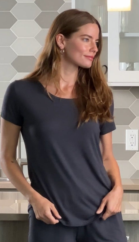 Women's bamboo lounge set featuring a relaxed crew-neck tee and matching mid-thigh shorts in a soft neutral colorway