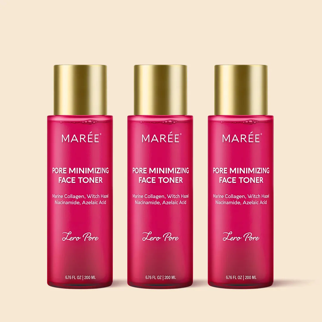 Marée Pore Refining Toner bottle on a minimal white surface, lightweight hydrating facial toner for pore refinement