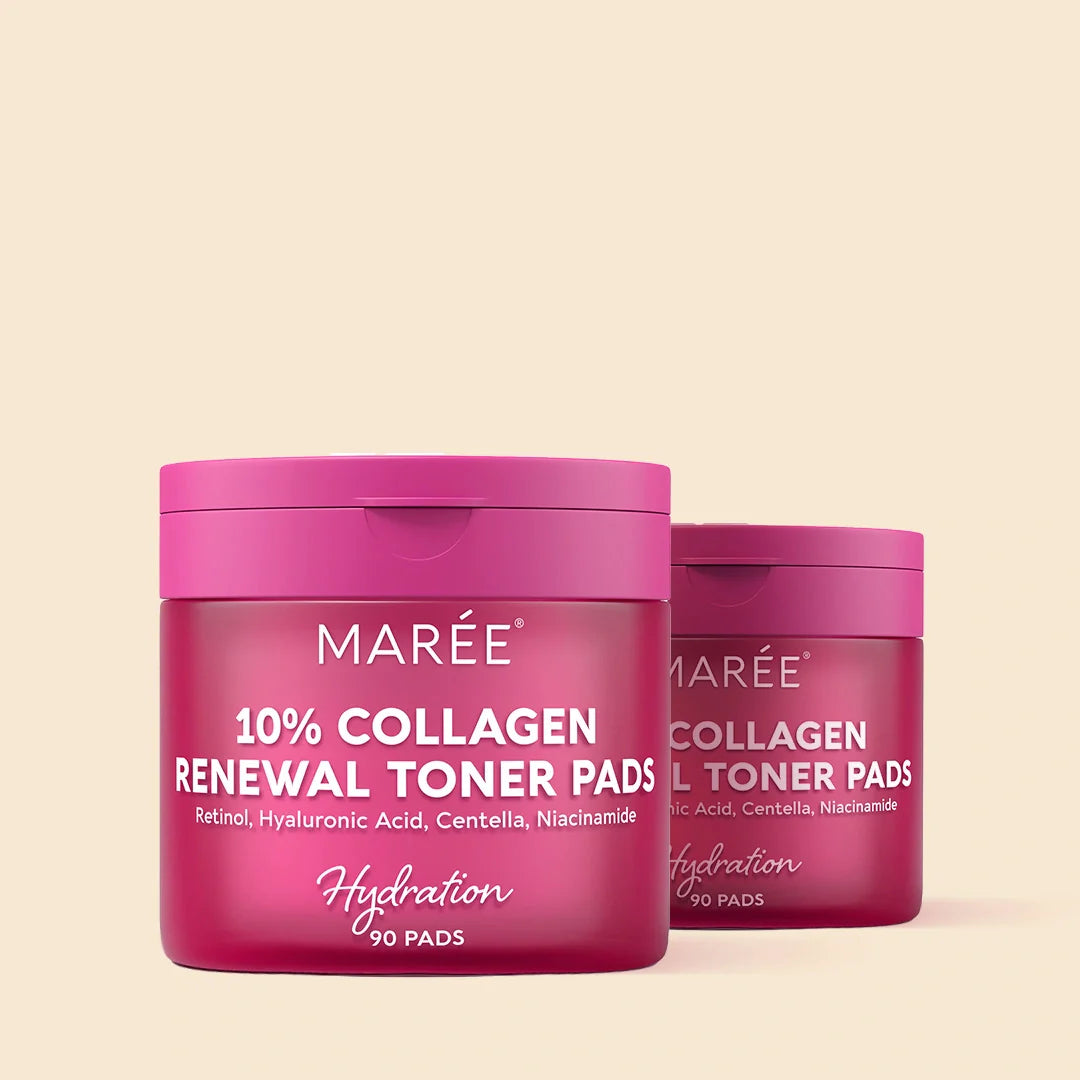 Collagen and retinol toner pads in open jar with a single pad lifted out, showing texture and saturation