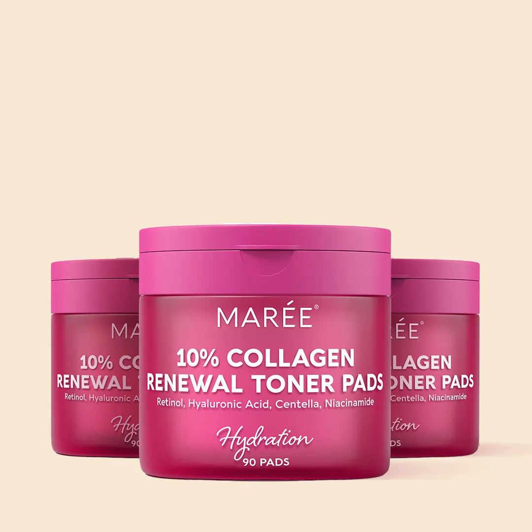 Collagen and retinol toner pads in open jar with a single pad lifted out, showing texture and saturation
