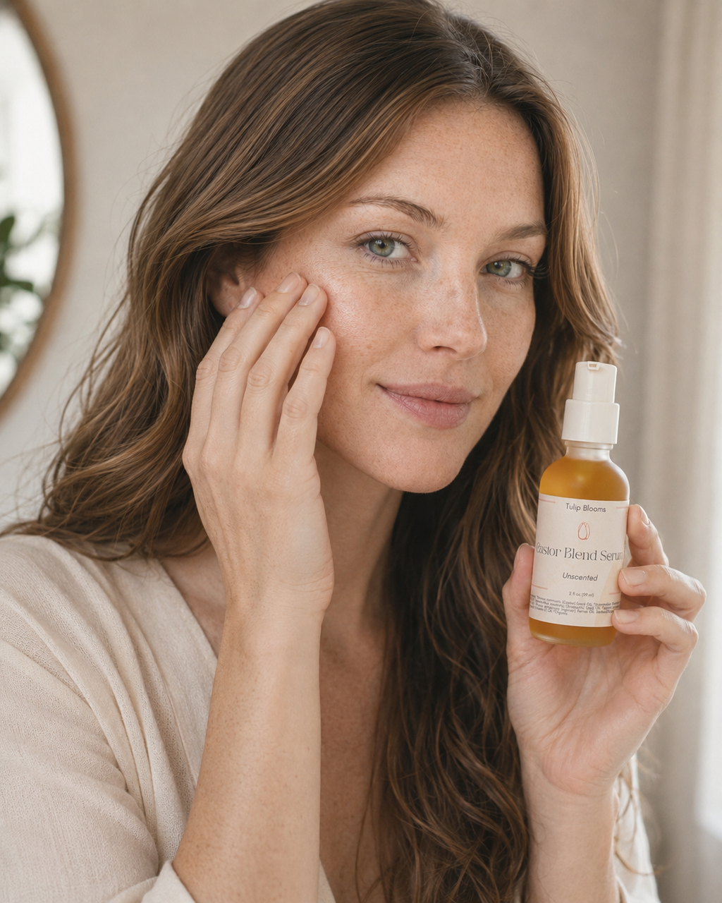 Frosted glass jar of Tulip Blooms Castor Blend oil serum with golden oil visible, shown on a neutral surface