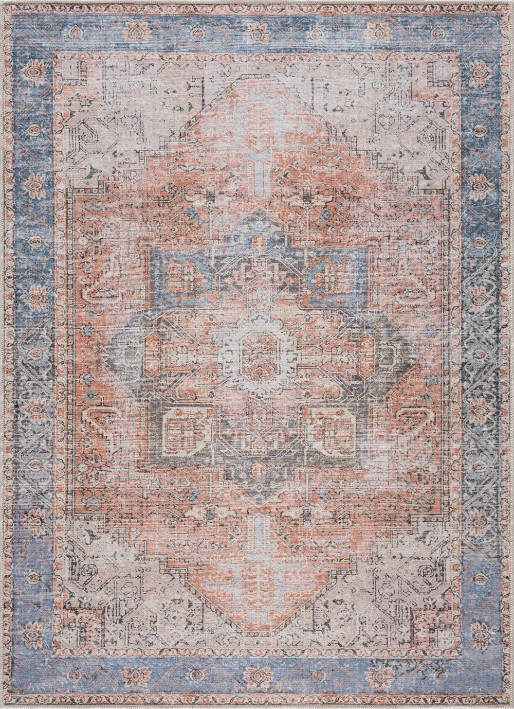 Rosman distressed flat weave area rug in warm red, blue, and earthy tones with vintage-inspired pattern