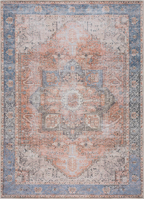 Rosman distressed flat weave area rug in warm red, blue, and earthy tones with vintage-inspired pattern