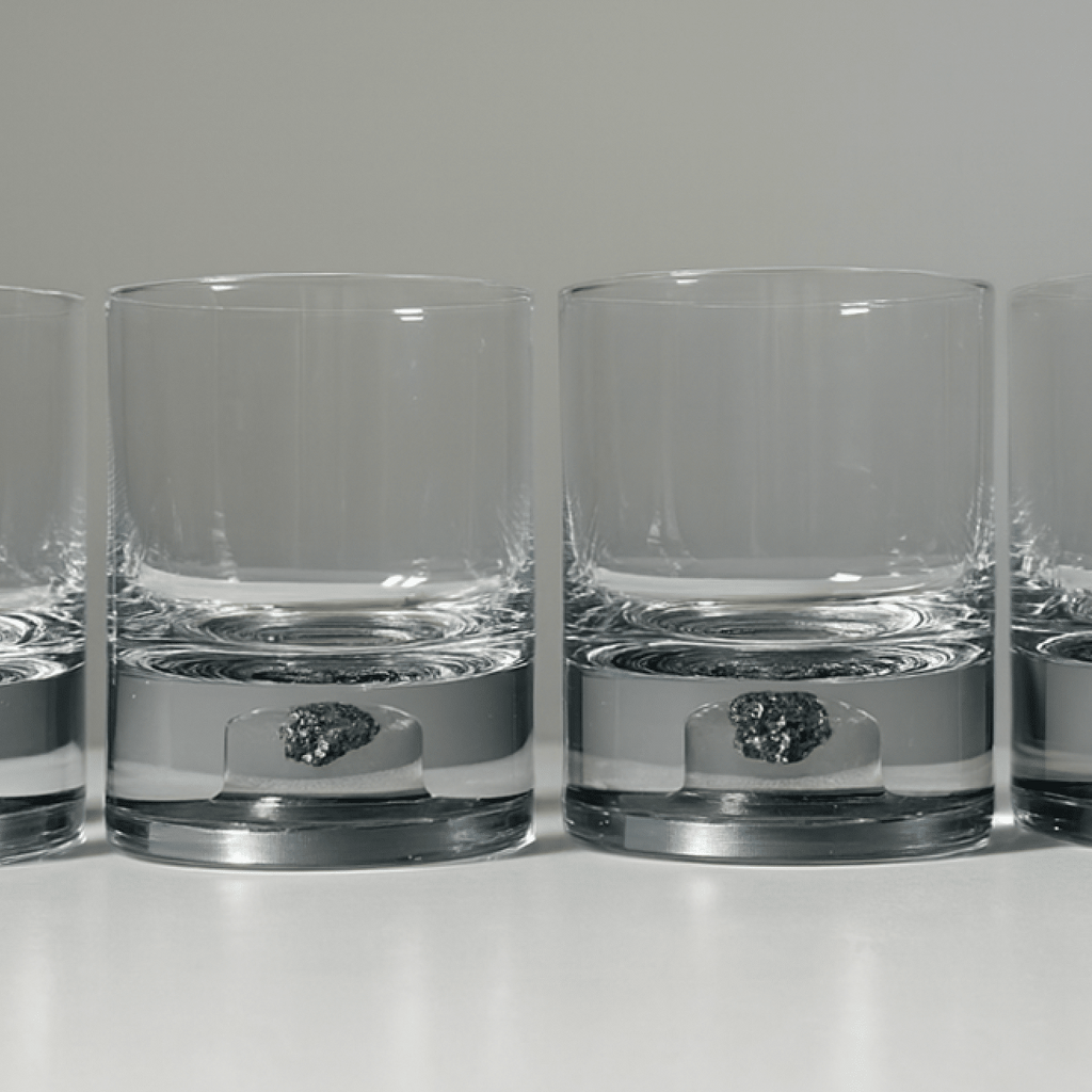 Set of two glass tumblers with genuine meteorite fragments suspended in high-clarity bases, shown in Antique Tin and Amber Gold finishes