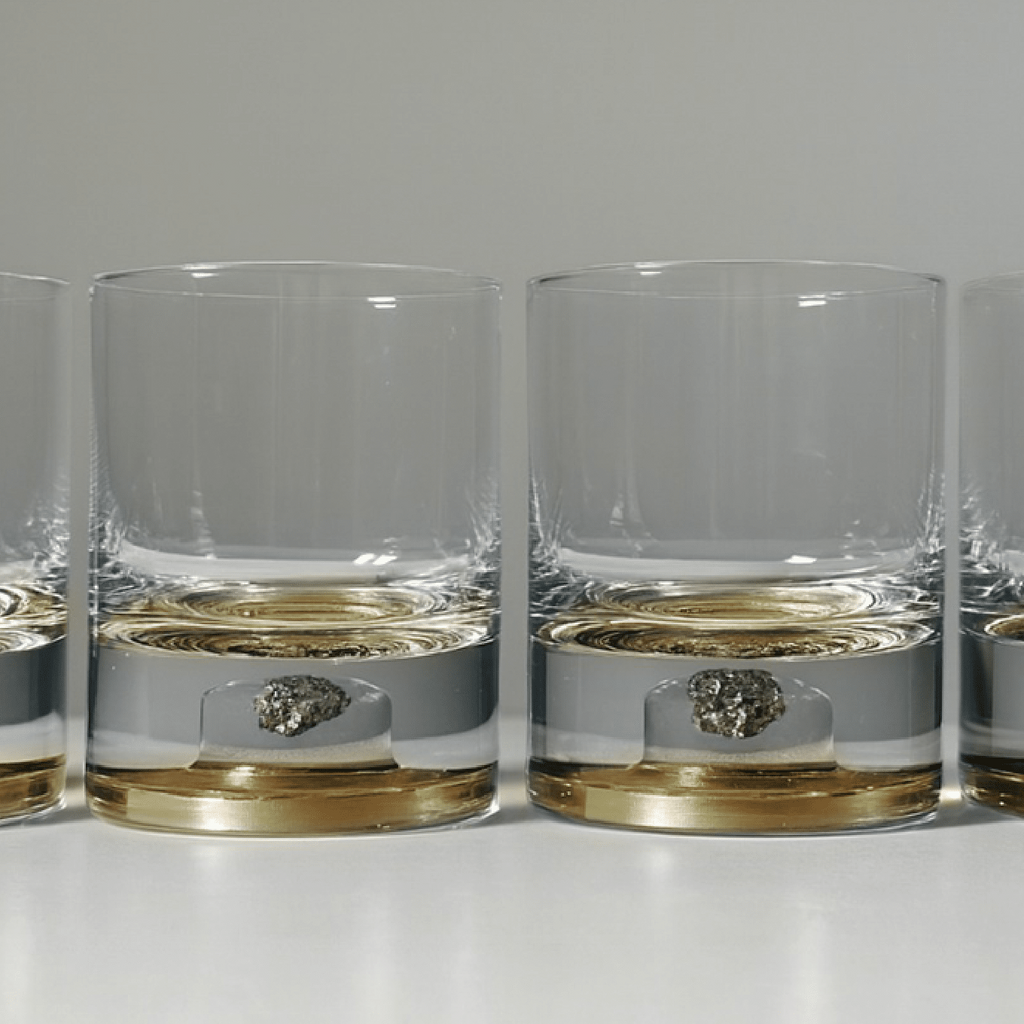 Set of two glass tumblers with genuine meteorite fragments suspended in high-clarity bases, shown in Antique Tin and Amber Gold finishes