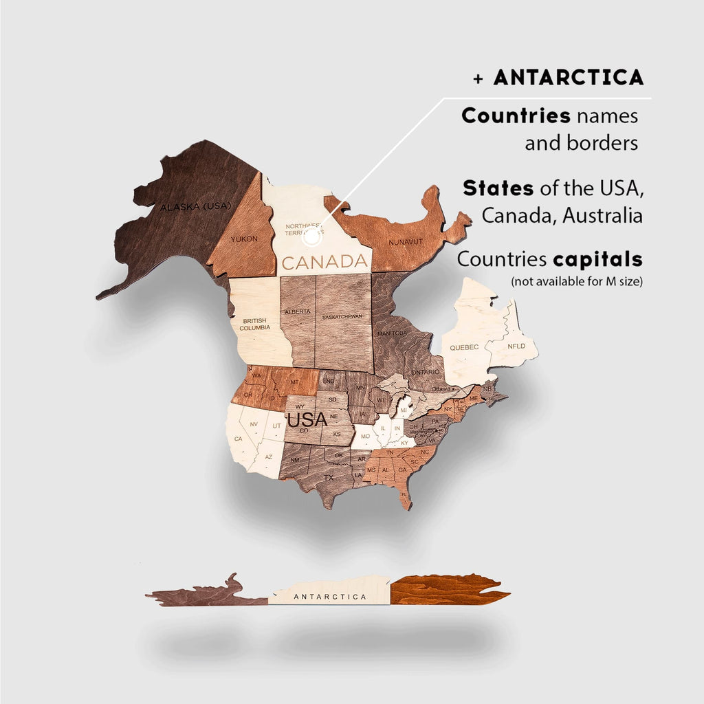 Multicolor 3D layered wooden world map wall art with engraved country names and borders mounted on a neutral wall