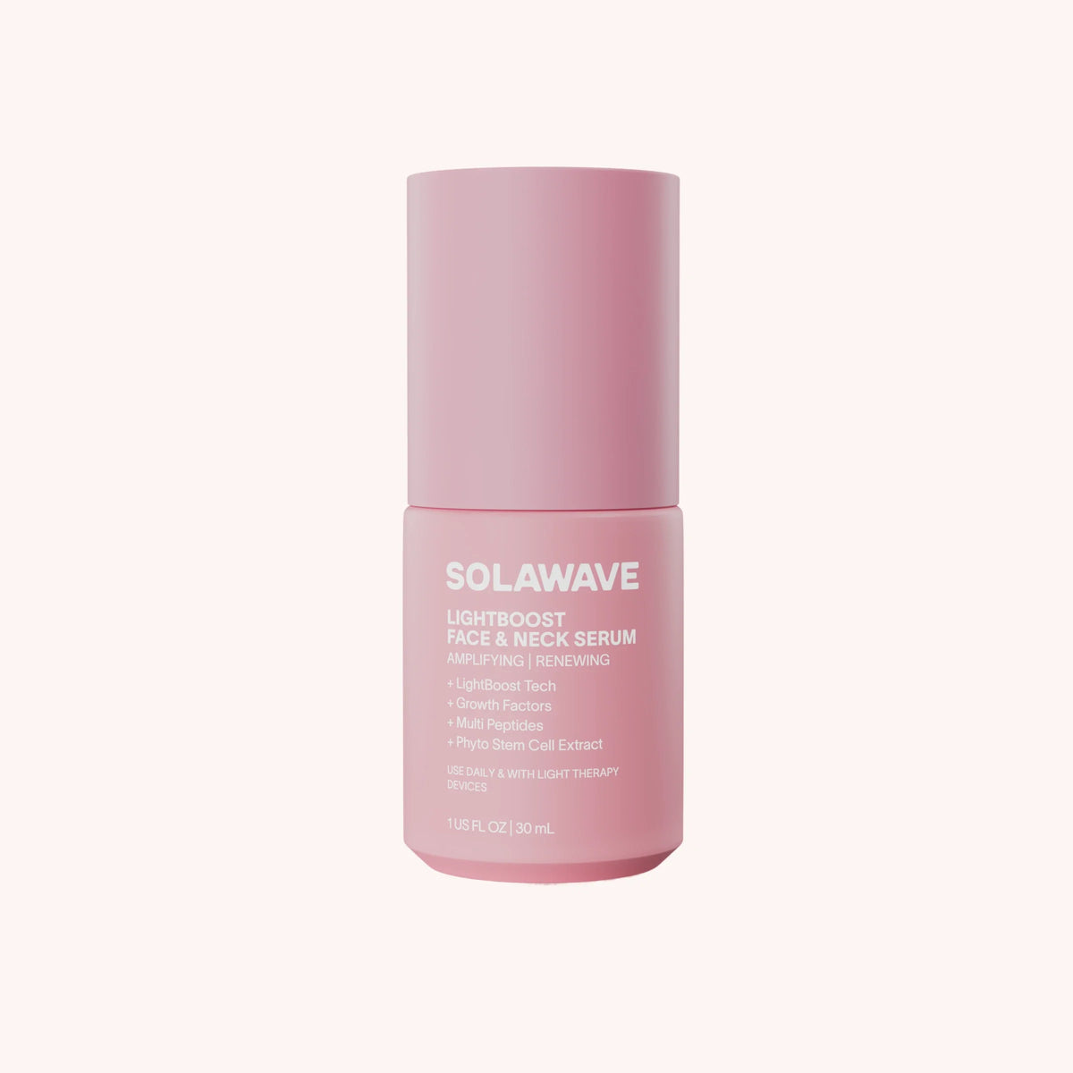 Solawave LightBoost Face and Neck Serum bottle with lightweight peptide and growth factor formula on a clean surface