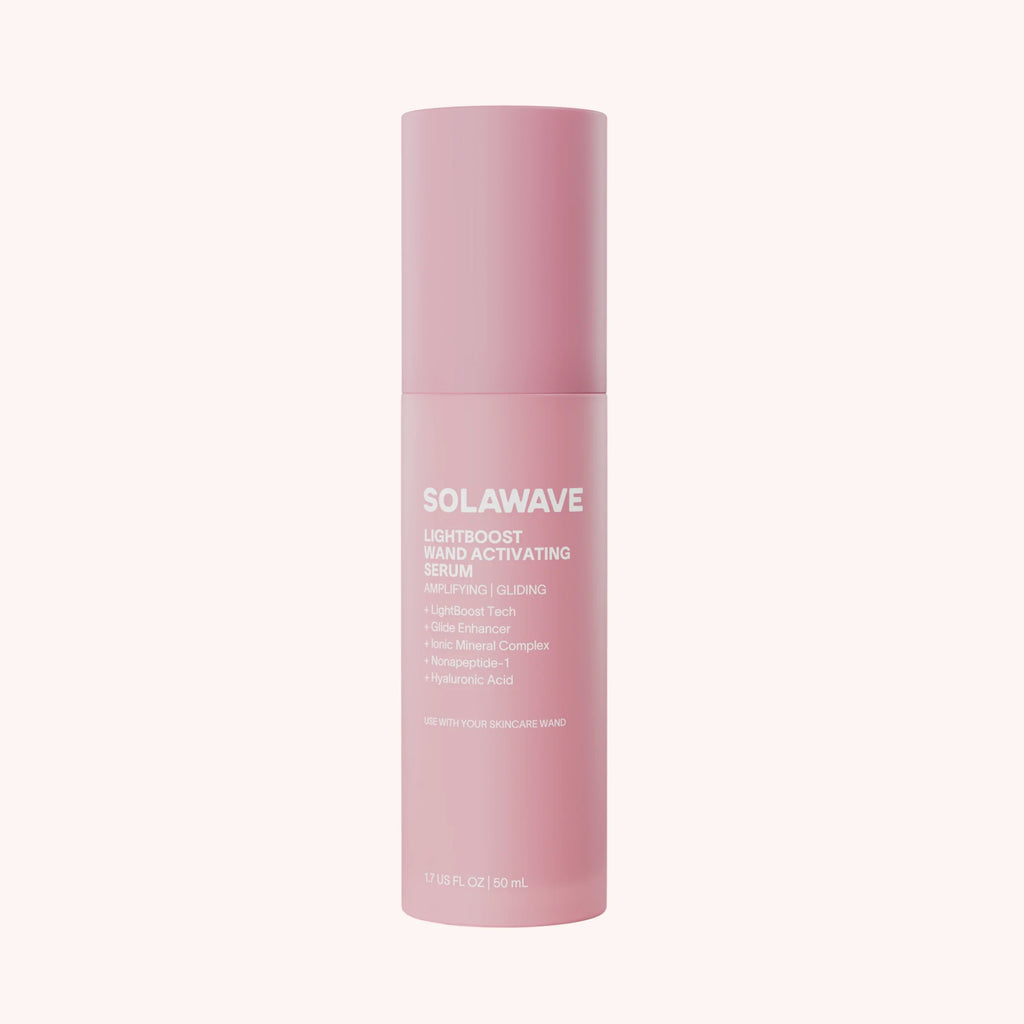 Solawave LightBoost Wand Activating Serum gel tube on a clean surface, brightening skincare treatment