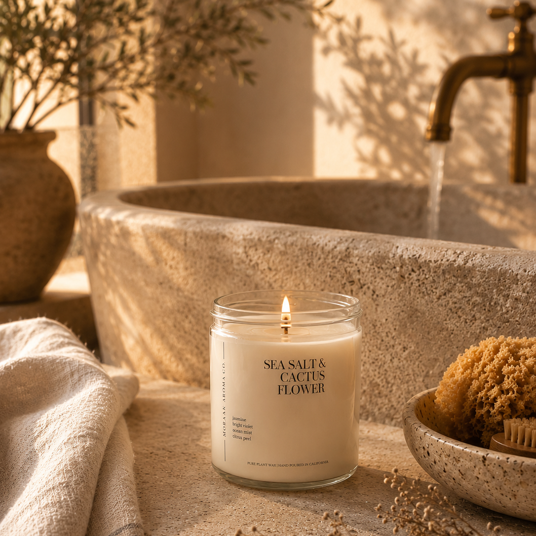 Mobaak Sea Salt and Cactus Flower hand-poured candle in a clean white vessel on a minimal surface