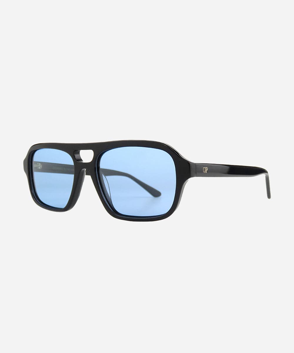 Men's rectangular vintage-inspired aviator sunglasses with light lenses and a gold-tone frame, shown with leather storage case