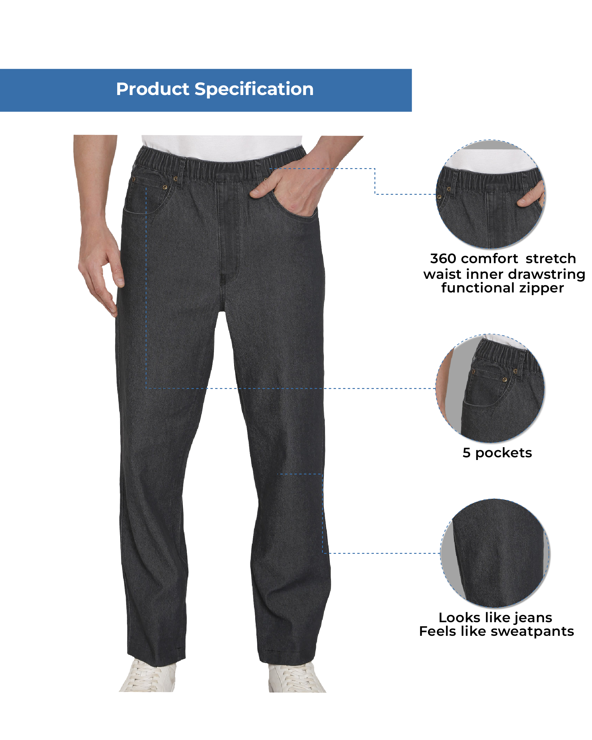 Men's lightweight pull-on jeans in denim and twill with elastic waistband, relaxed fit through seat and thigh
