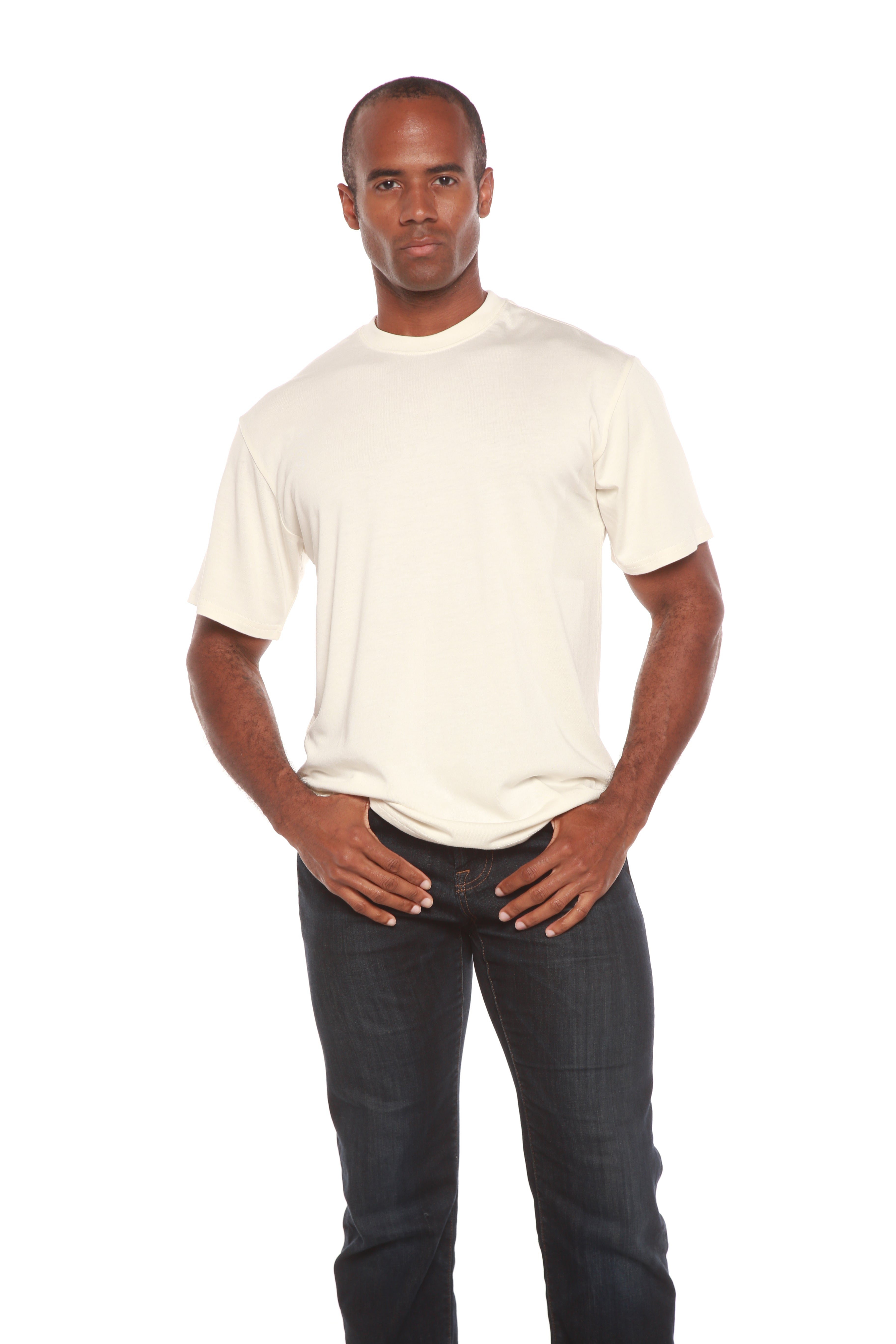 Men's bamboo viscose organic cotton crew neck t-shirt in charcoal grey, classic straight cut, laid flat on neutral background
