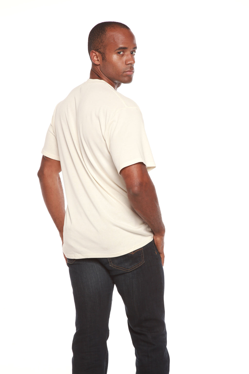 Men's bamboo viscose organic cotton crew neck t-shirt in charcoal grey, classic straight cut, laid flat on neutral background