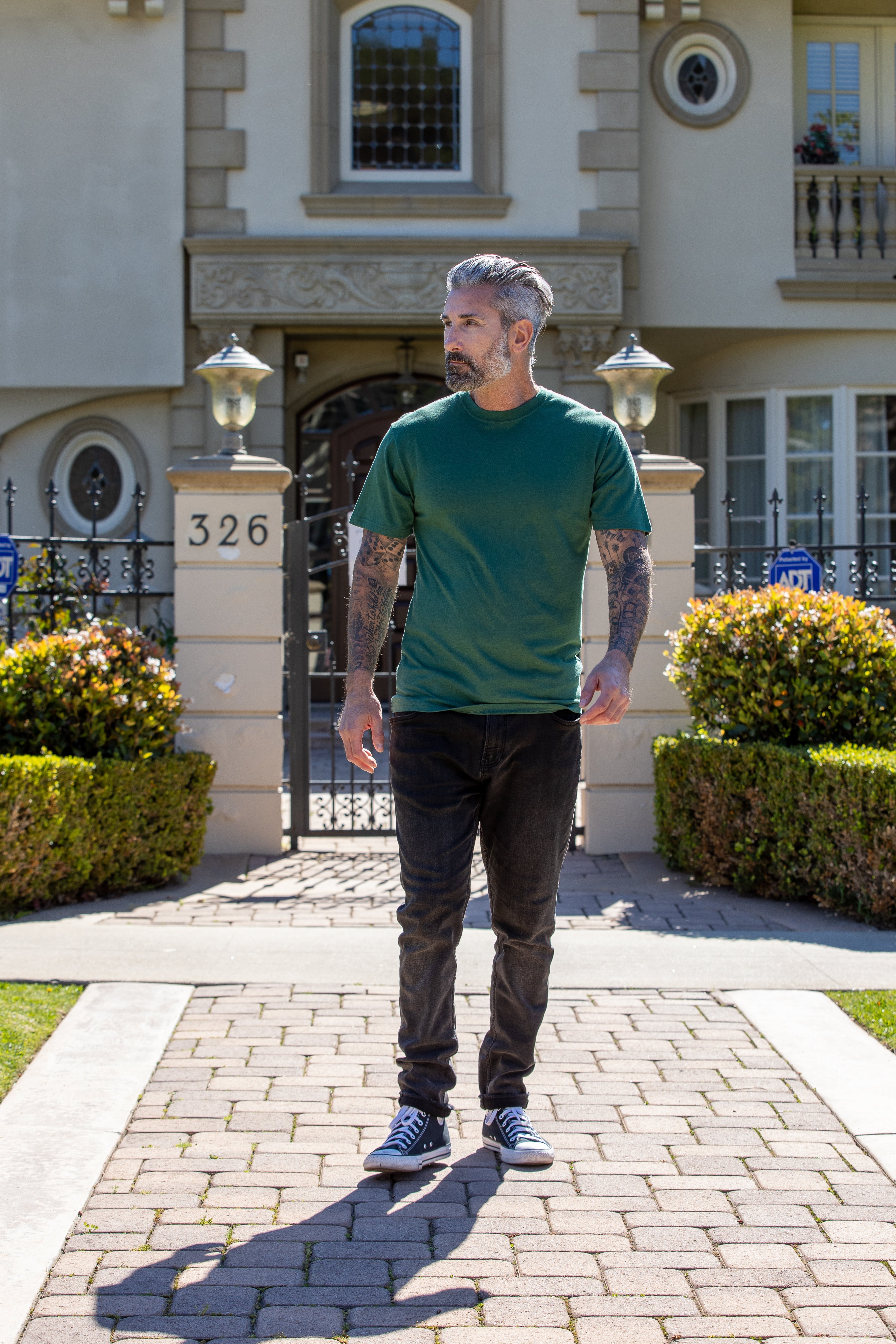 Men's bamboo viscose organic cotton crew neck t-shirt in charcoal grey, classic straight cut, laid flat on neutral background