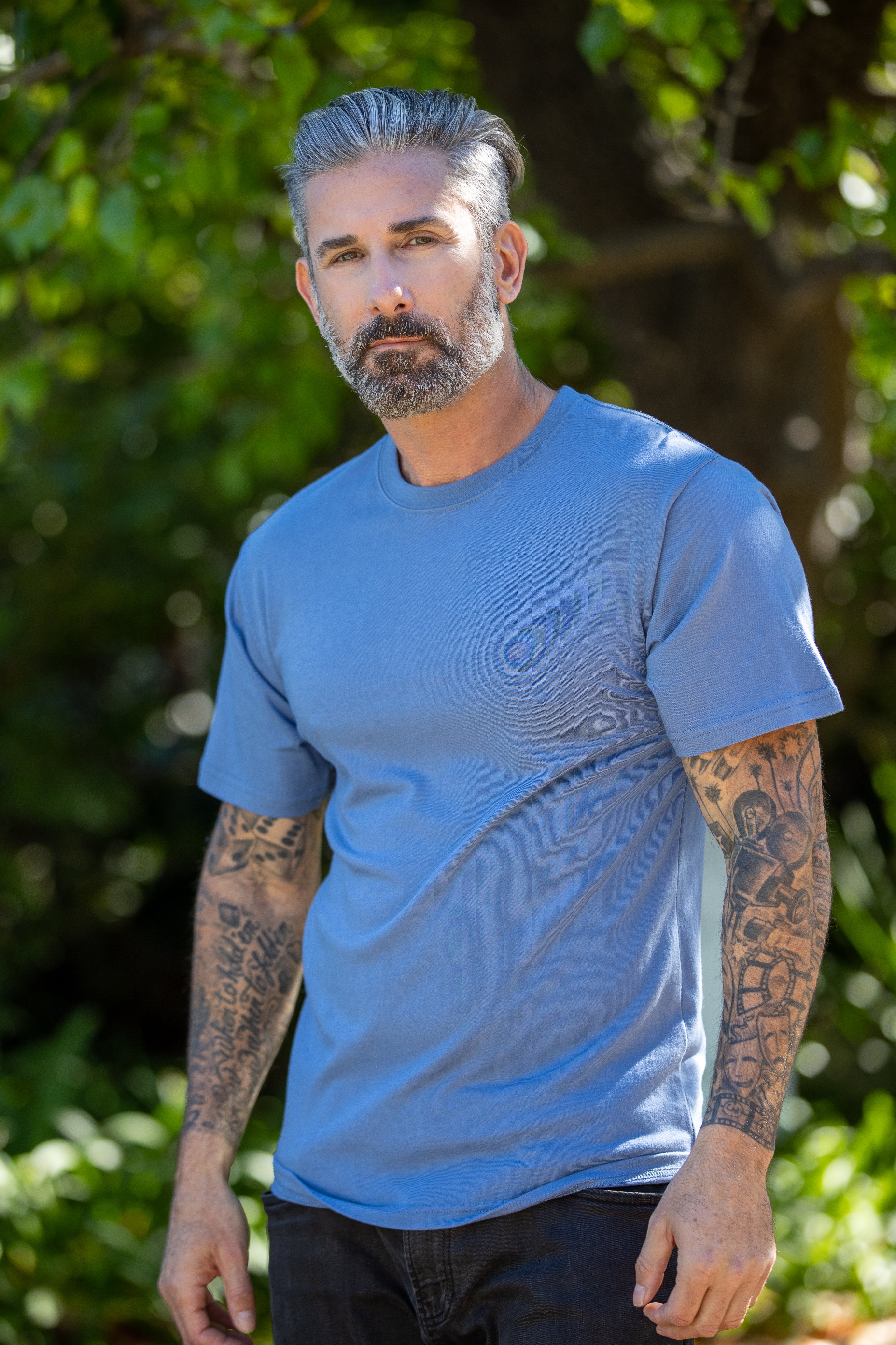 Men's bamboo viscose organic cotton crew neck t-shirt in charcoal grey, classic straight cut, laid flat on neutral background