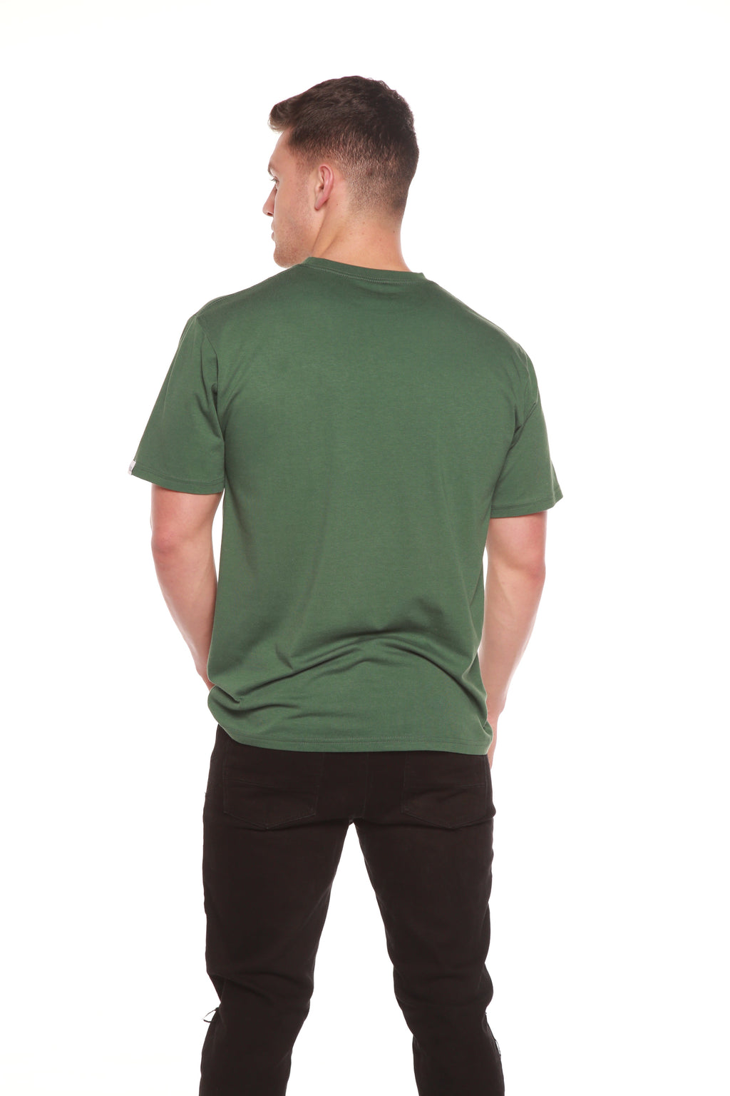 Men's bamboo viscose organic cotton crew neck t-shirt in charcoal grey, classic straight cut, laid flat on neutral background