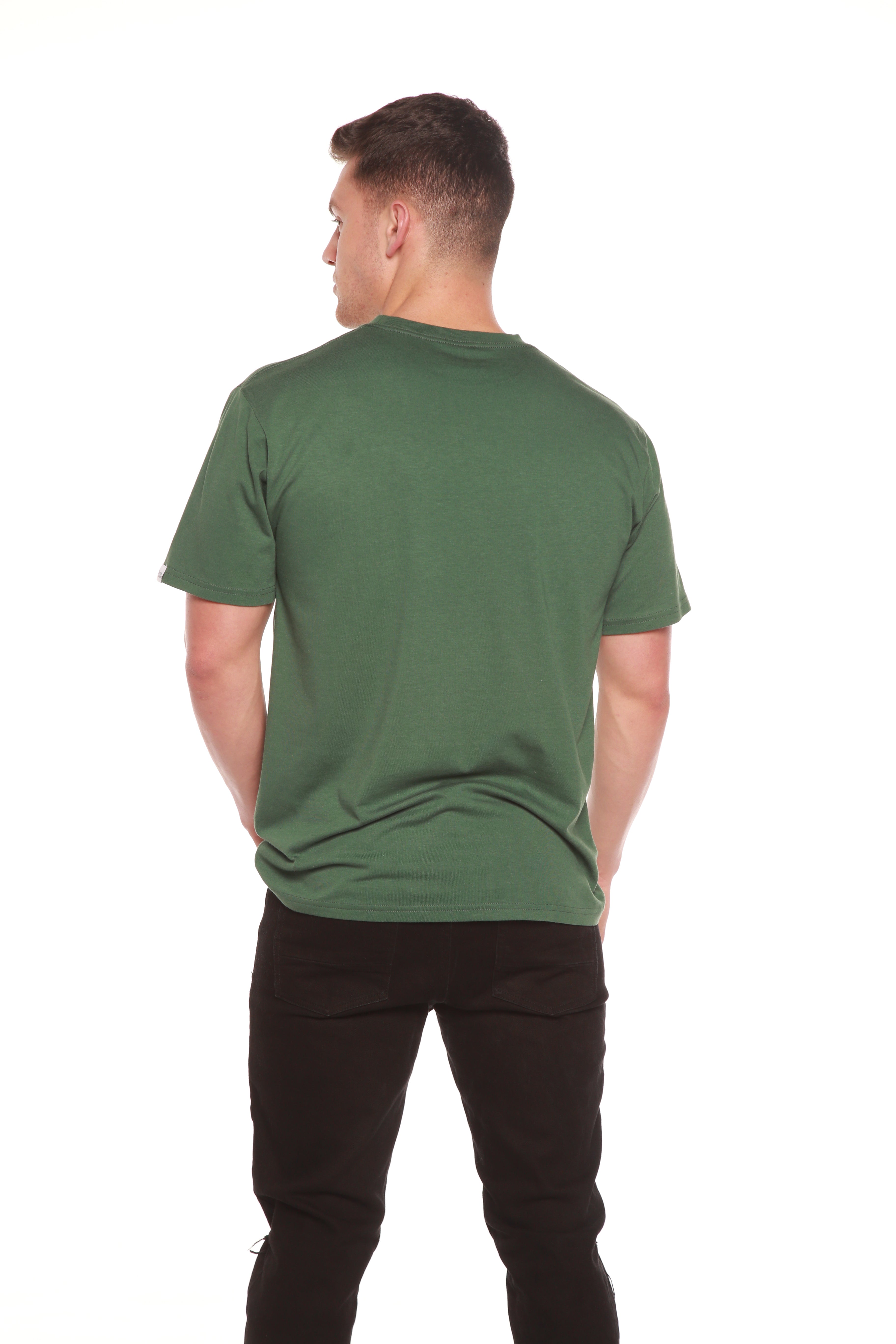 Men's bamboo viscose organic cotton crew neck t-shirt in charcoal grey, classic straight cut, laid flat on neutral background