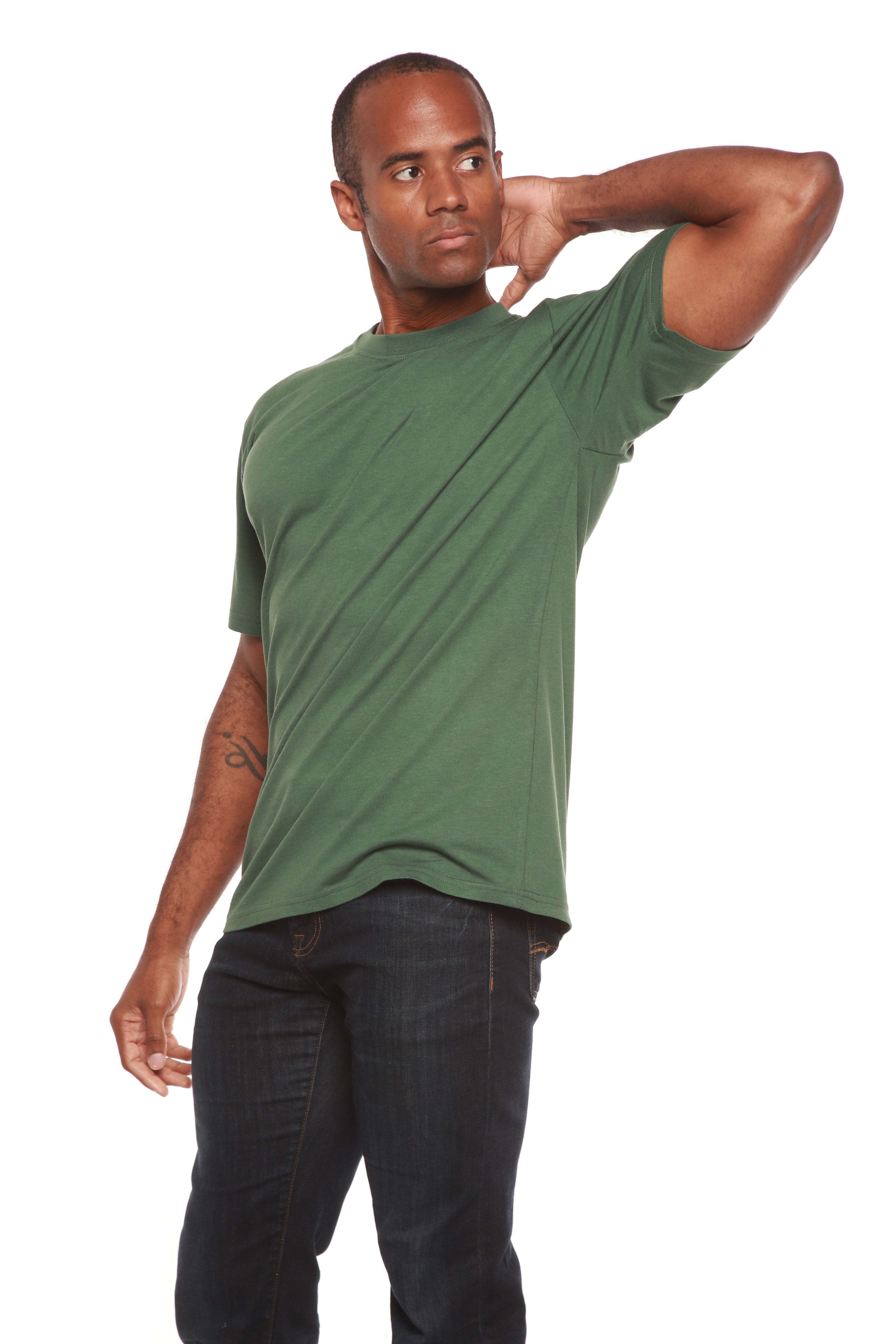 Men's bamboo viscose organic cotton crew neck t-shirt in charcoal grey, classic straight cut, laid flat on neutral background